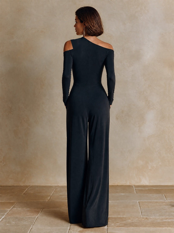 Dafne | One-Shoulder Jumpsuit with Draping and Wide Leg, Black