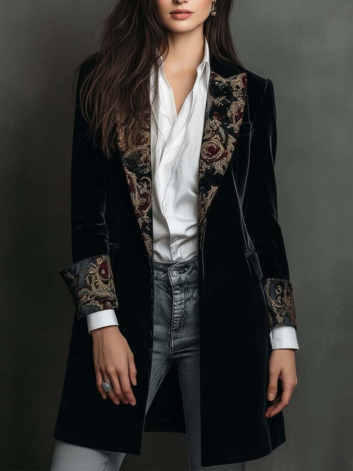 Leontine | Fitted Black Baroque Print Blazer