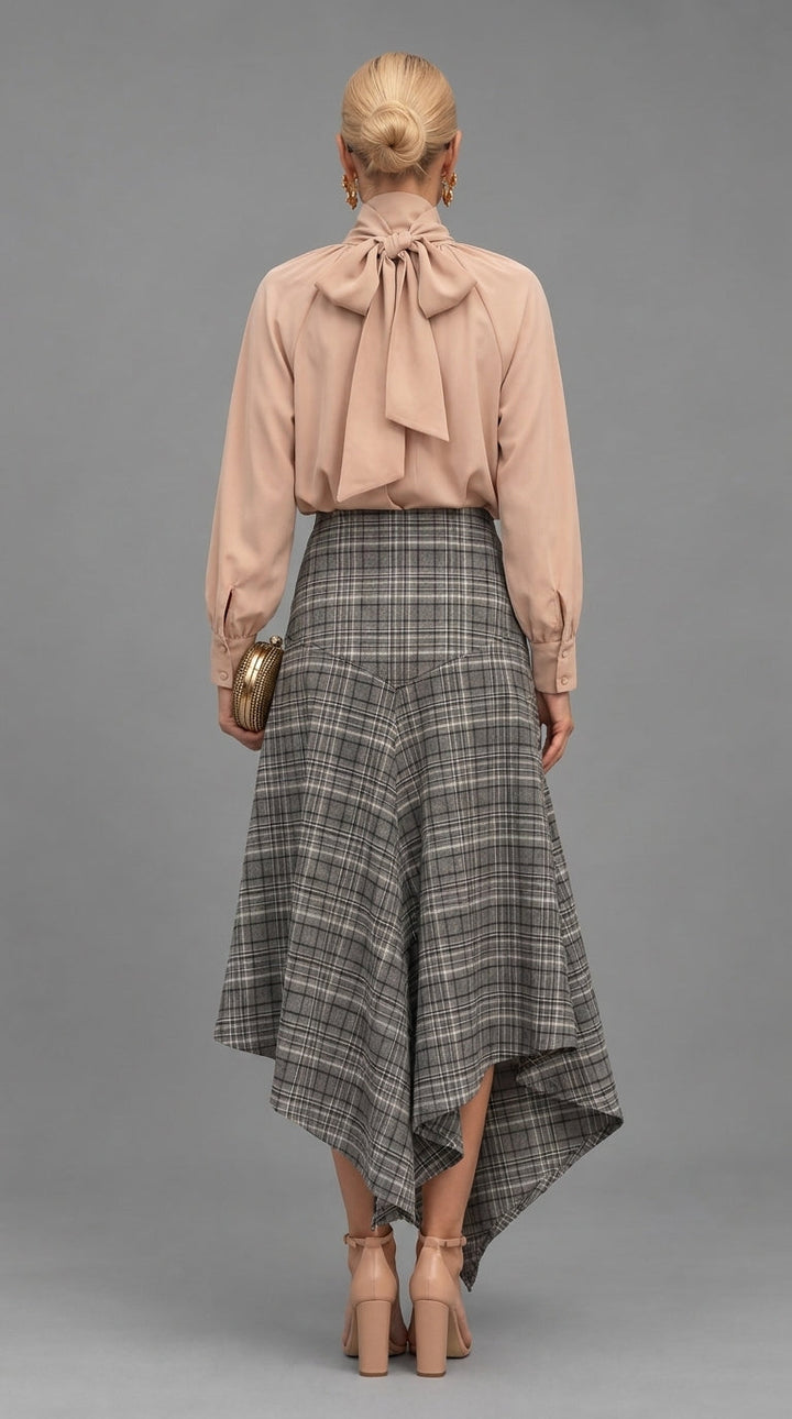 Vittoria | Elegant Set with Bow Blouse and Checkered Skirt