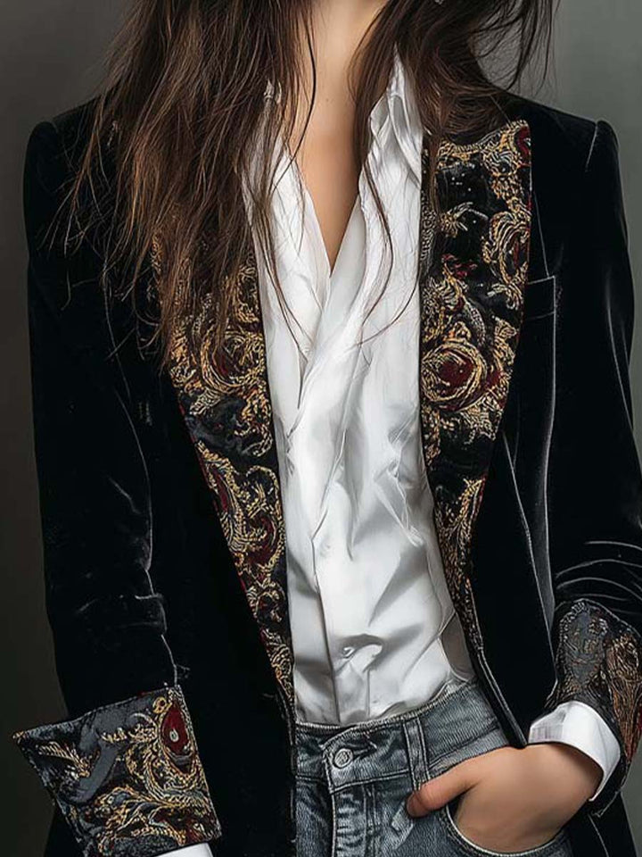 Leontine | Fitted Black Baroque Print Blazer