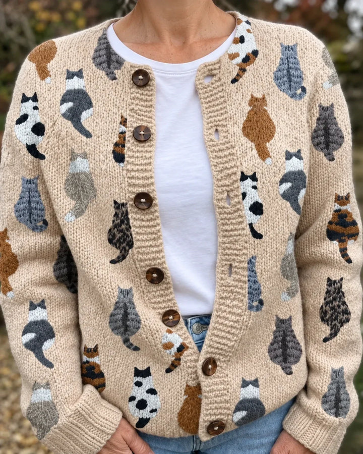 Charlotte | Soft Knit Button Cardigan with Cat Print