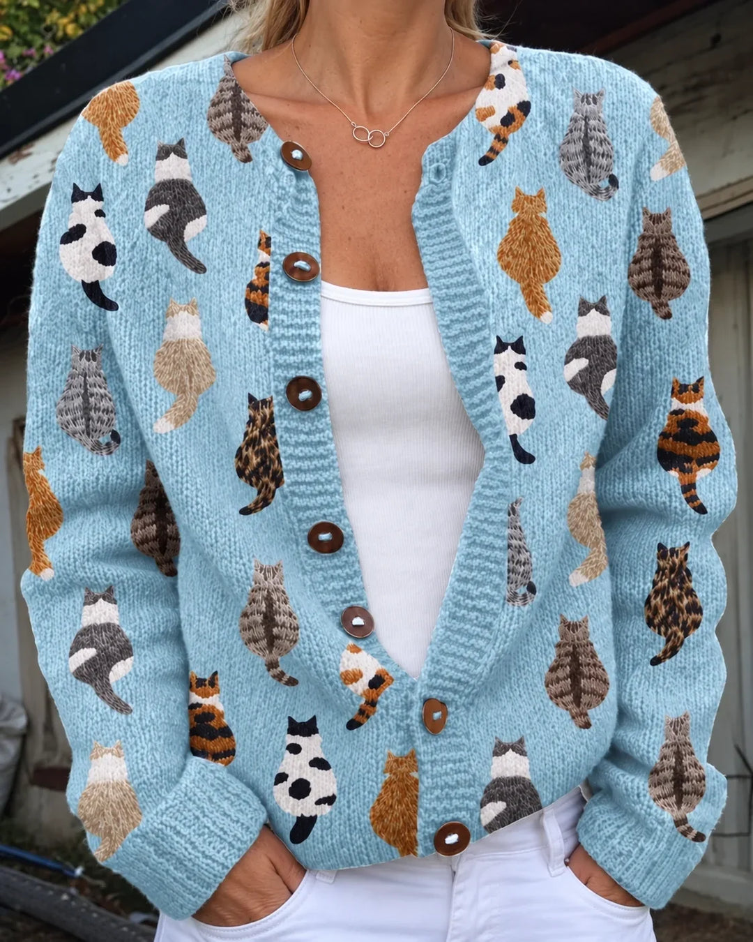 Charlotte | Soft Knit Button Cardigan with Cat Print