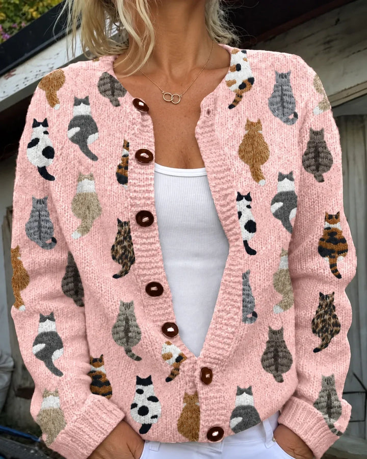 Charlotte | Soft Knit Button Cardigan with Cat Print