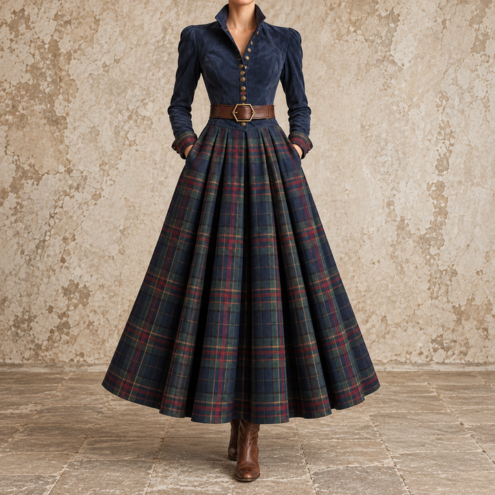 Erminia | Maxi Dress with Buttoned Bodice and Checkered Skirt