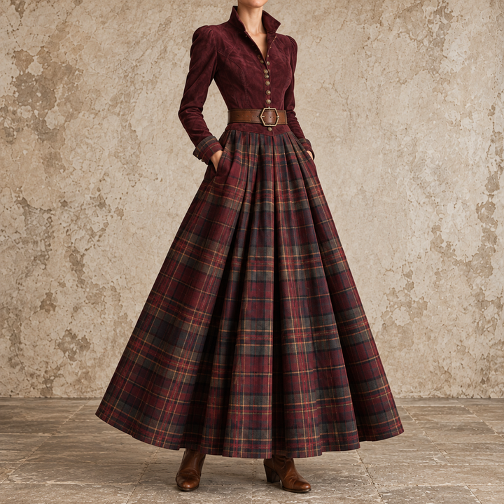 Erminia | Maxi Dress with Buttoned Bodice and Checkered Skirt
