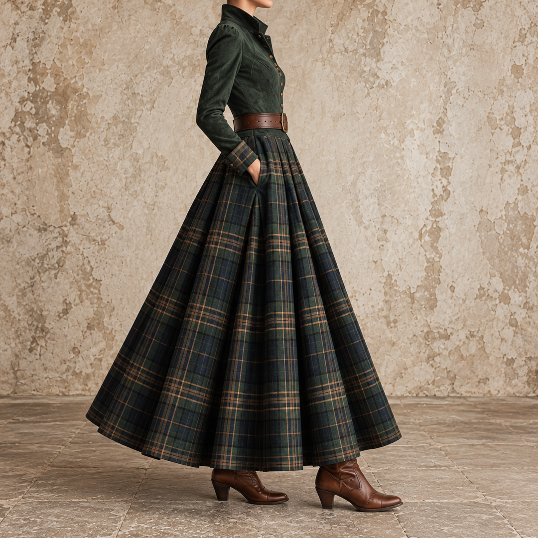 Erminia | Maxi Dress with Buttoned Bodice and Checkered Skirt