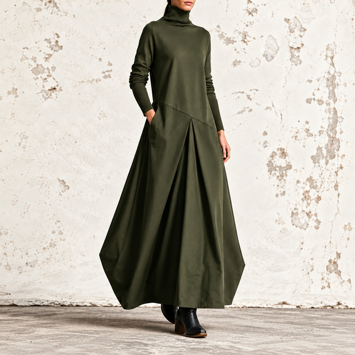 Fiammetta | High Neck Maxi Dress with Diagonal Panel and Pockets