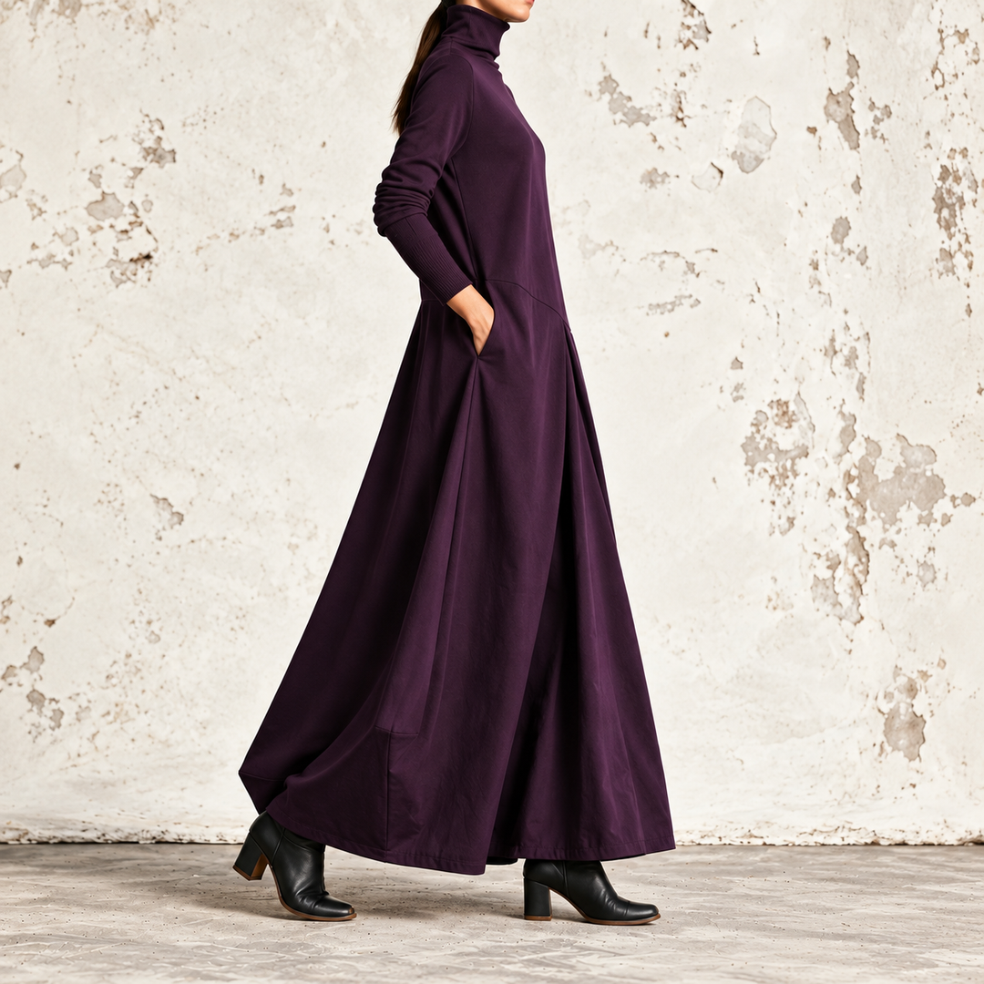 Fiammetta | High Neck Maxi Dress with Diagonal Panel and Pockets