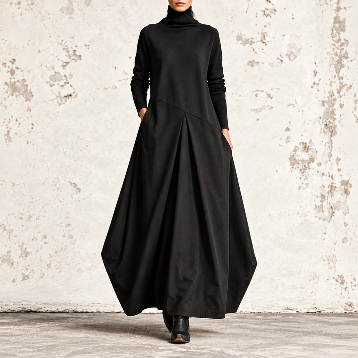 Fiammetta | High Neck Maxi Dress with Diagonal Panel and Pockets