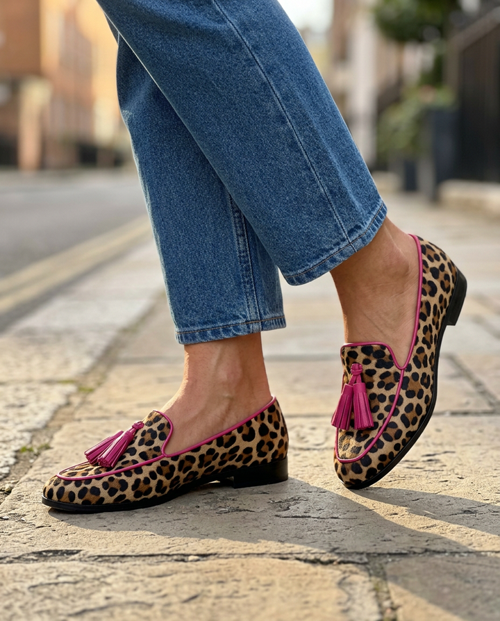 Fiamma Moccasin — Leopard Print with Fuchsia Trim and Tassels