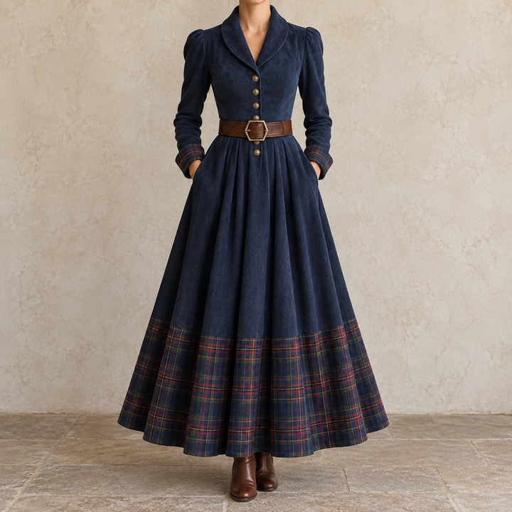 Ottilia | Maxi Dress with Shawl Collar and Check Trim