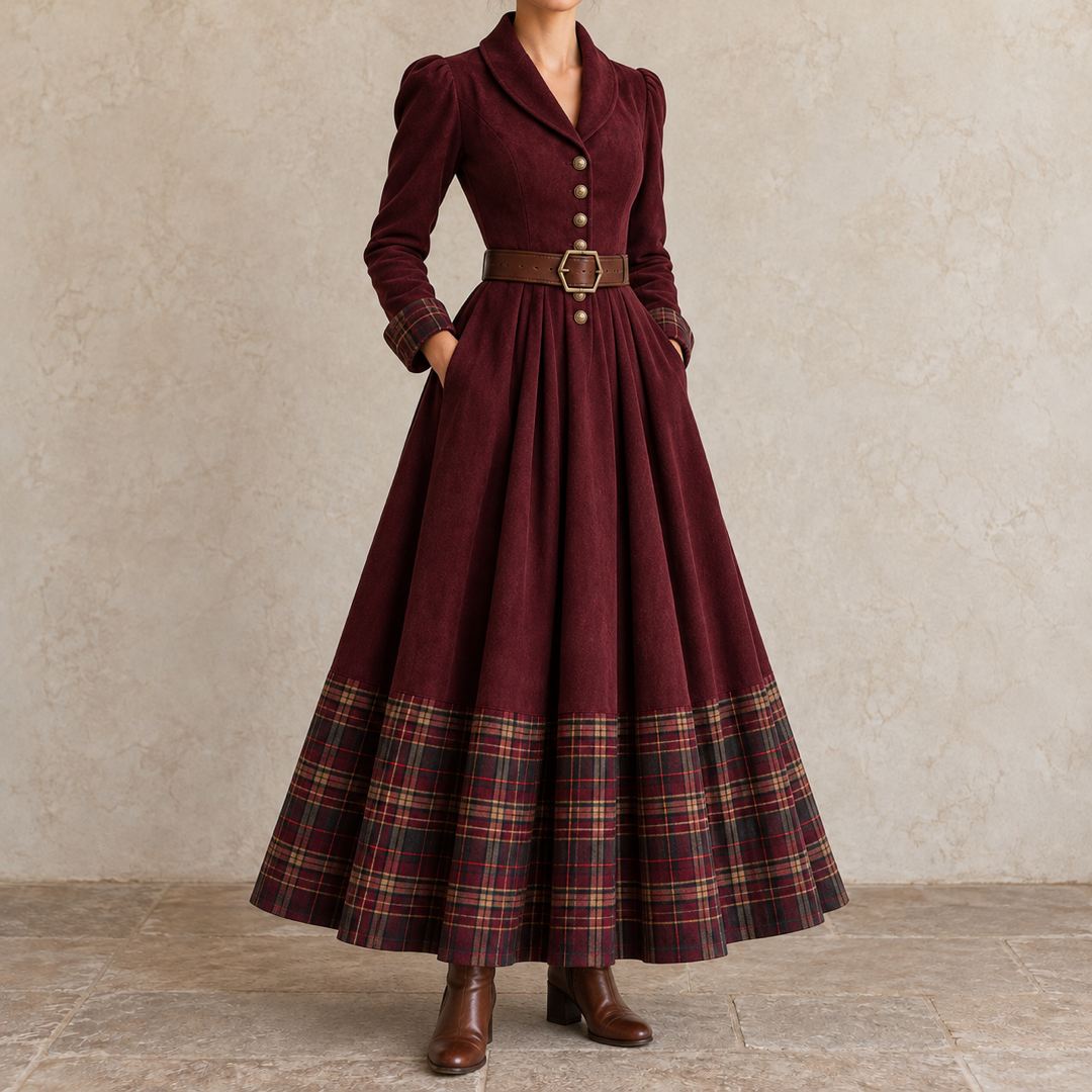 Ottilia | Maxi Dress with Shawl Collar and Check Trim