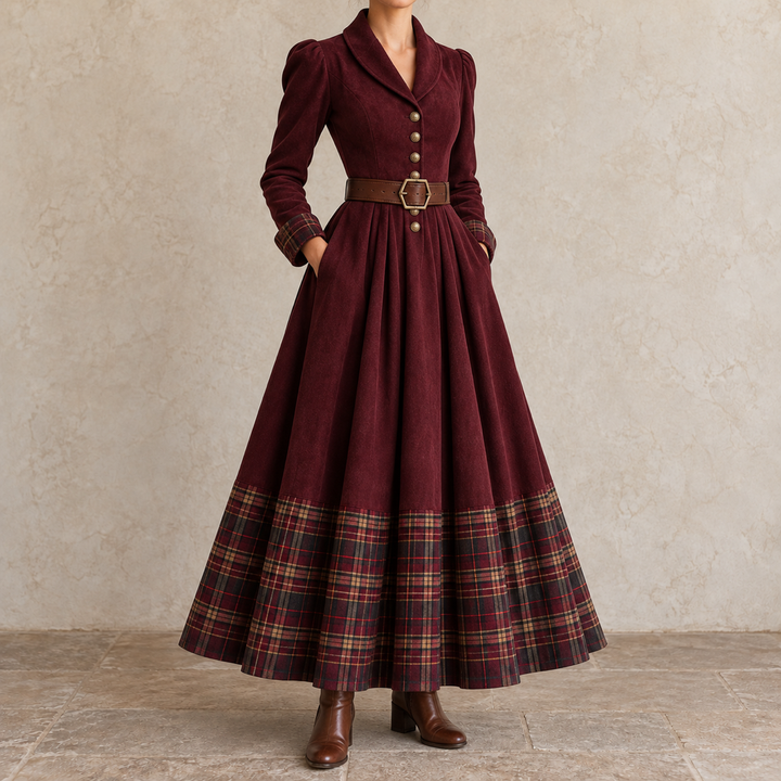 Ottilia | Maxi Dress with Shawl Collar and Check Trim