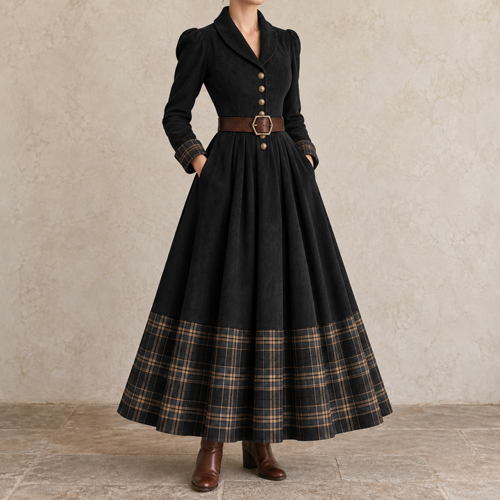 Ottilia | Maxi Dress with Shawl Collar and Check Trim
