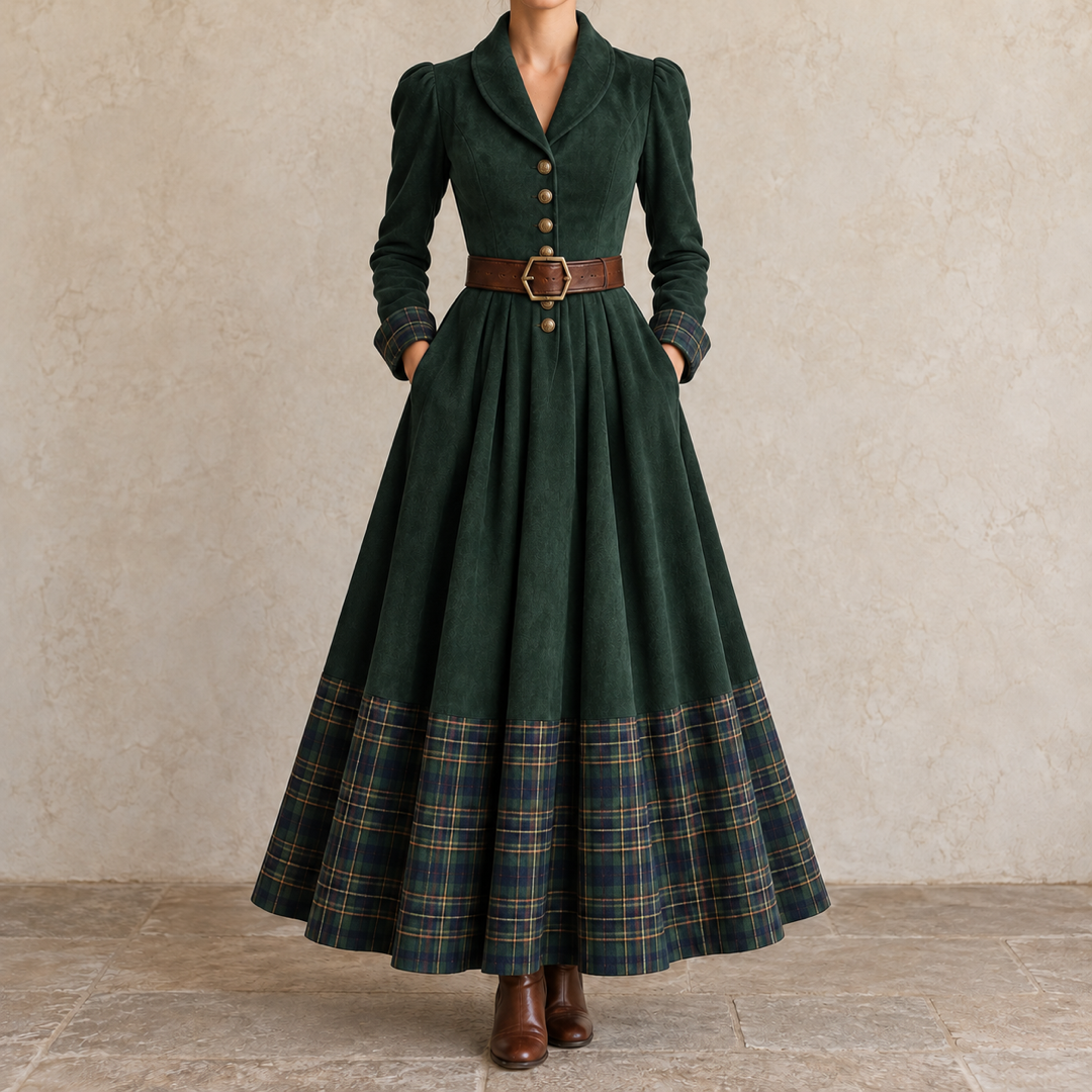 Ottilia | Maxi Dress with Shawl Collar and Check Trim
